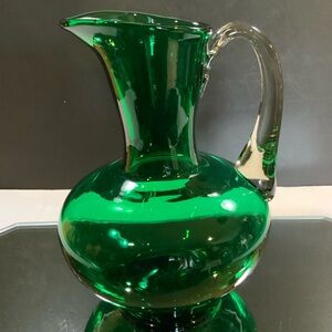 Vintage Bischoff Pitcher Applied Handle 10 inches Tall Green Glass MCM #61